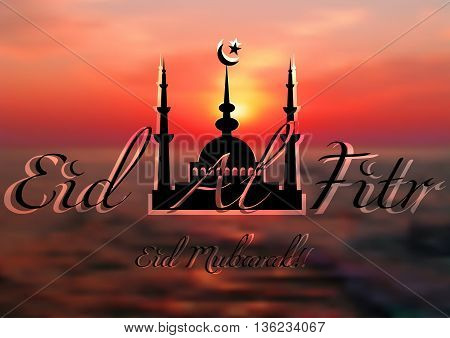 Card with mosque on sea sunset for greeting with finish of fasting month Ramadan and Islamic holiday Eid al-Fitr as well Feast of Breaking the Fast. Vector illustration