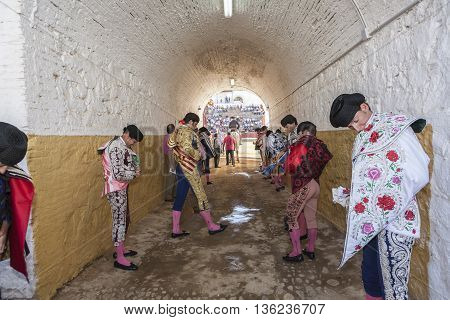 Andujar SPAIN - September 11 2014: Bullfighter at the paseillo or initial parade Bullfight at Andujar bullring Andujar Jaen province Andalusia Spain