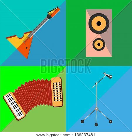 Set icons on musical instruments two-tone background in the style of flat