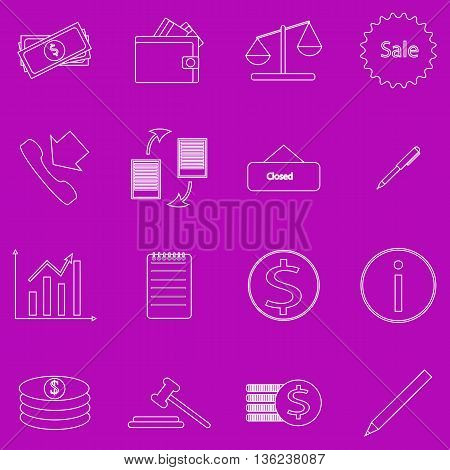 A set of contour business icons on purple background. Fine lines