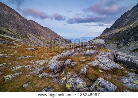 Mountain Landscape with Rocks in Foreground in the Evening. Mlynicka Valley High Tatra Slovakia.