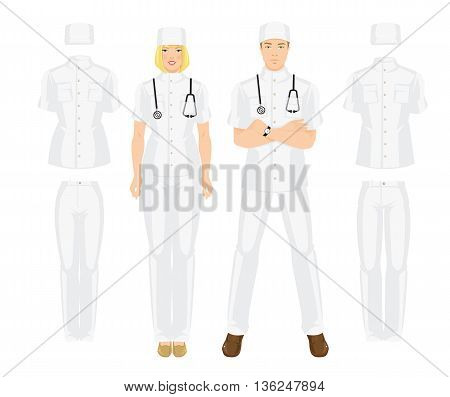 Vector illustration of medical uniform. A young doctor in uniform and hat isolated on white background.