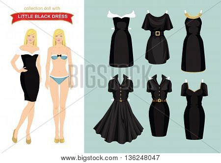 Doll with clothes. Body template. Set of template paper little black dress. Woman in elegant dress with a white drape.