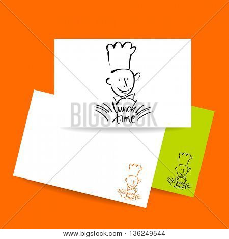 CHEF-COOK with handwritten lettering LUNCH TIME. Hand drawing chef-cook, handmade text lunch-time.Concept card design for restaurant, cafe, chief-cooker, chef, lunch time.Vector Illustration. 