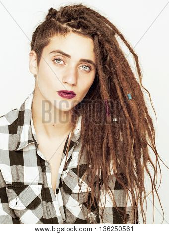 real caucasian woman with dreadlocks hairstyle funny cheerful faces on white background