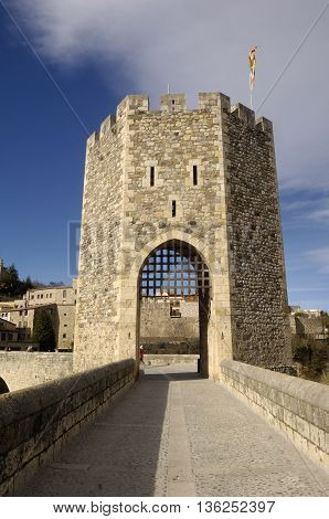 Medieval bridge of the village of Besalu in La Garrotxa, Girona, Spain