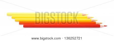 Line of five color pencils, composition isolated over the white background