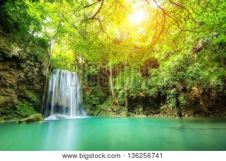 Erawan Waterfall, beautiful waterfall in spring forest in Kanchanaburi province, Thailand.