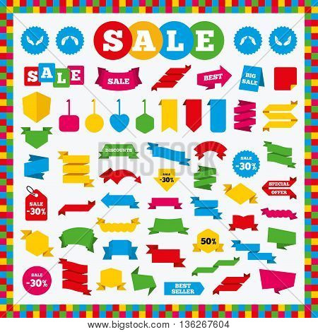 Banners, sale stickers and sale labels. Hands icons. Insurance protection signs. Human helping donation hands. Prayer meditation hands sybmols. Sale price tags. Vector