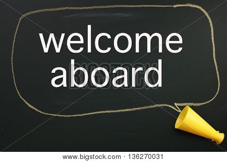 megaphone and speech bubble with text welcome aboard