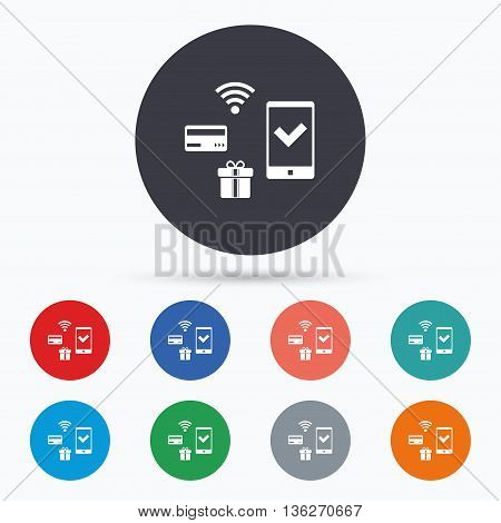 Mobile payments icon. Smartphone, credit card. Flat mobile payments icon. Simple design mobile payments symbol. Mobile payments graphic element. Circle buttons with mobile payments icon. Vector