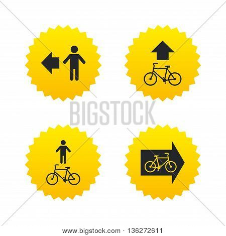 Pedestrian road icon. Bicycle path trail sign. Cycle path. Arrow symbol. Yellow stars labels with flat icons. Vector