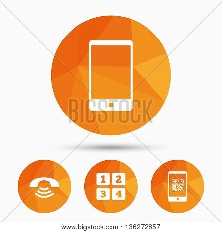 Phone icons. Smartphone with Qr code sign. Call center support symbol. Cellphone keyboard symbol. Triangular low poly buttons with shadow. Vector