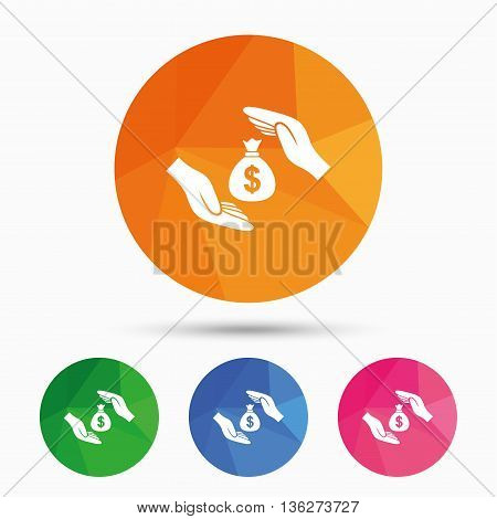 Protection money bag sign icon. Hands protect cash in Dollars symbol. Money or savings insurance. Triangular low poly button with flat icon. Vector
