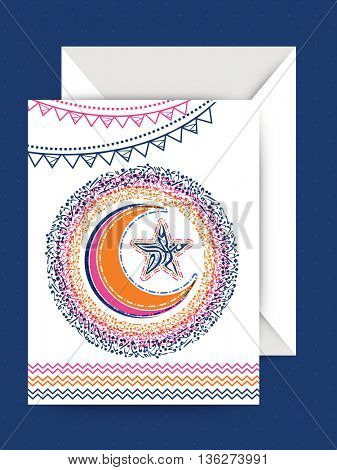 Elegant Greeting Card design with Envelope, Illustration of beautiful Crescent Moon and Star with Arabic Islamic Calligraphy of text Eid Mubarak on buntings decorated background.