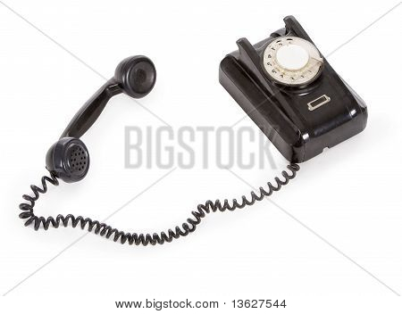 Régi fekete telefon, elszigetelt, felett fehér