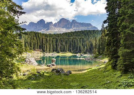 Karersee Lake At Dolomites In Latemar