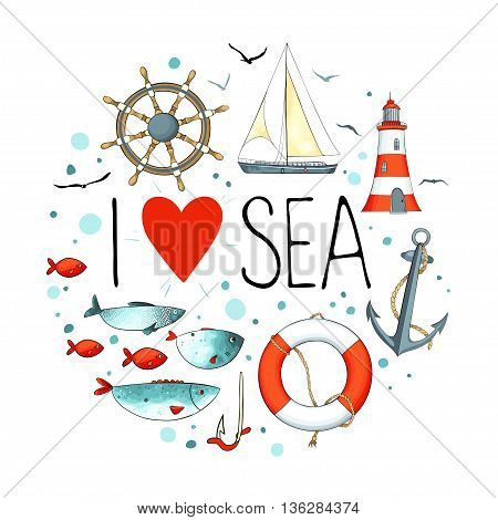 Collection of nautical elements in a circle shape. There are lighthouse, seagull, sailboat, life buoy, fish, anchor, hook and wheel. Objects isolated on white background. Vector illustration.