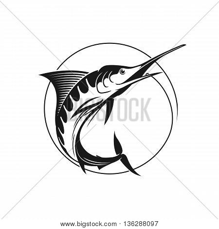Blue marlin vector sign. Vector fishing logo. Catching marlin on the hook. Stock vector illustration in one color.