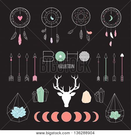 Set boho ethnic elements for design wedding card invitation poster. Isolated illustrations with succulent terrarium dream catchers feathers crystals arrows moon phases deer head with antlers