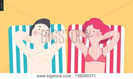 Happy couple sunbathing on the beach - a flat cartoon vector illustration of a couple sunbathing lying on the striped beach mattresses smiling to each other