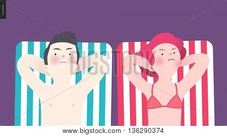 Unhappy couple sunbathing on the beach - a flat cartoon vector illustration of a couple sunbathing lying on the striped beach mattresses anger to each other