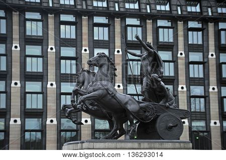 Boudica Monument London front buildings seen from the Thames