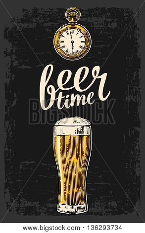 Beer glass and antique pocket watch. Hand drawn design element. Vintage vector engraving illustration for web poster invitation to beer party. Isolated on dark background.