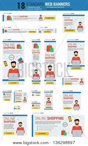Vector template of eighteen web standard size banners on topic - SHOPPING ONLINE. All the most common size of banners. Each on its own layer. Easily editable. See other topics of web banners