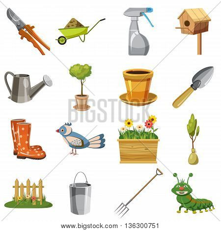 Garden icons set in cartoon style isolated on white background