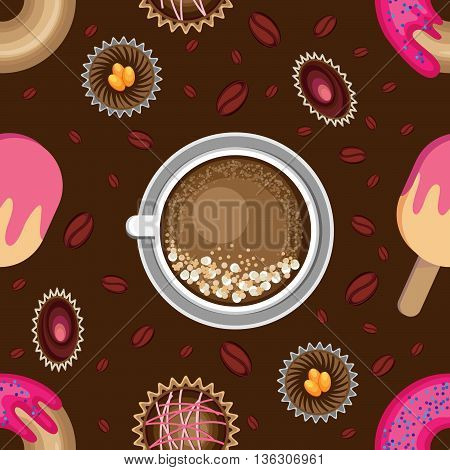 Sweet seamless pattern on a chocolate background. Vector graphics.