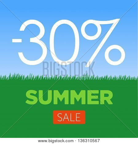 Summer Sale Banner with green grass and blue sky. Vector Illustration. Big discount.