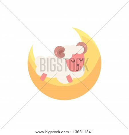 Toy Sheep Sleeping On The Crescent Cute Childish Style Light Color Design Icon Isolated On White Background