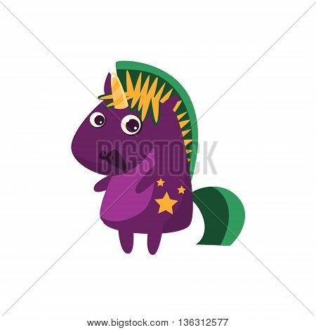 Purple Unicorn With Green Crest Flat Bright Color Childish Cartoon Design Vector Illustration Isolated On White Background