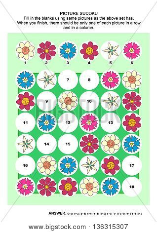 Picture sudoku puzzle 6x6 (one block) with flower heads. Answer included.