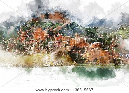 Digital watercolor painting of Miravet village. Miravet is one of the most charming village in Catalonia. Province of Tarragona Spain. .