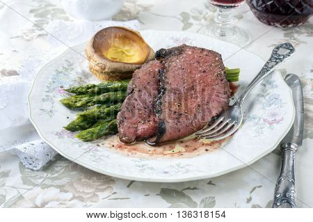 Roast Beef with Green Asparagus and Yorkshire Pudding