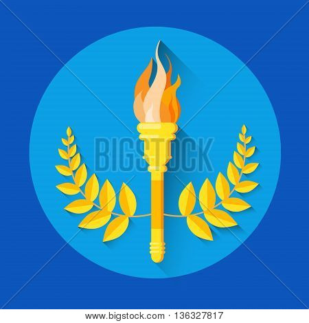 Fire Torch Golden Wreath Sport Icon Flat Vector Illustration