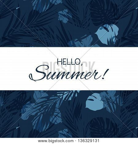 Blue indigo summer tropical hawaiian background with palm tree leaves and exotic flowers, vector illustration