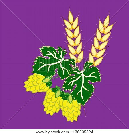 Barley ears and hop cones with leaves. Vector image in the style of flat