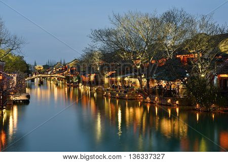 Night scene of Wuzhen. Wuzhen - historic scenic town part of Tongxiang located in northern Zhejiang Province China