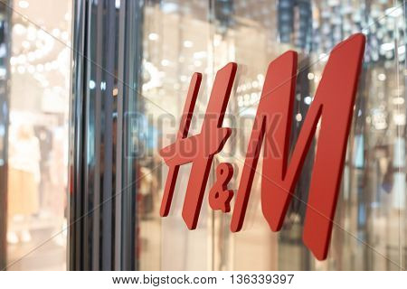 NEW YORK - CIRCA MARCH 2016: close up shot of  H&M logo. H & M Hennes & Mauritz AB is a Swedish multinational retail-clothing company, known for its fast-fashion clothing