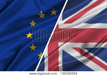 Brexit. 3D illustration of Silky Flags of European Union and United Kingdom.