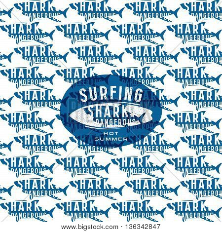Shark seamless pattern and surfing emblem. Blue print on white background