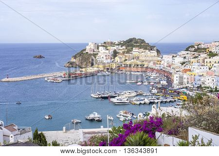 Ponza town scenic view from a hill.