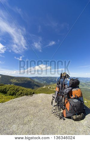 Camping with backpacks in the mountains with views of the mounta