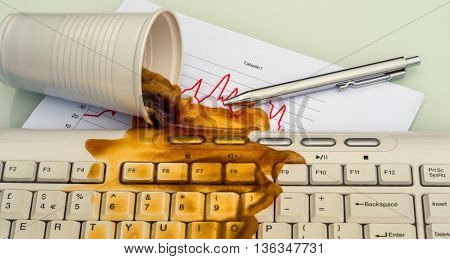 coffee is spilled on the office computer through adversity