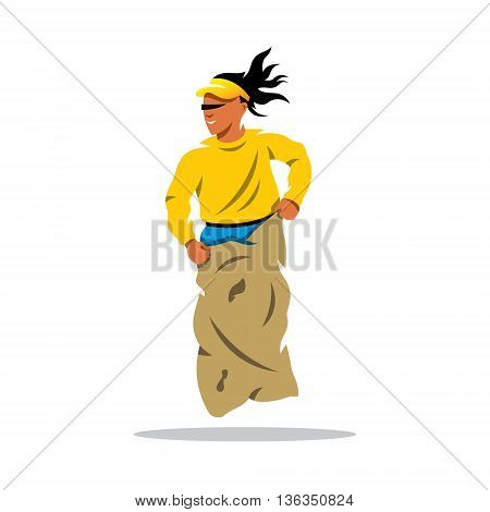 Woman playing Jumping Sack Game. Isolated on a White Background