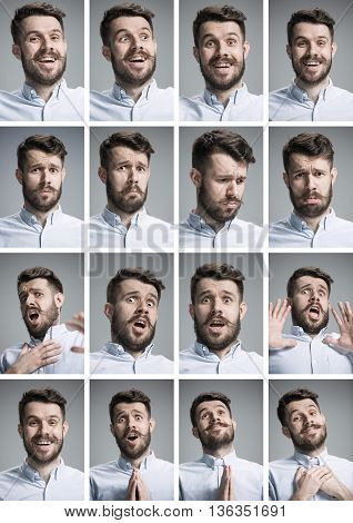 Set of young man's portraits with different emotions on gray background