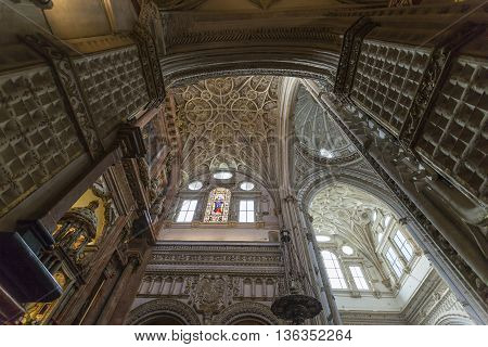 Cordoba - Spain - June 10, 2016 : Cathedral White Ceiling Dome Mezquita Cordoba Spain. Created In 78